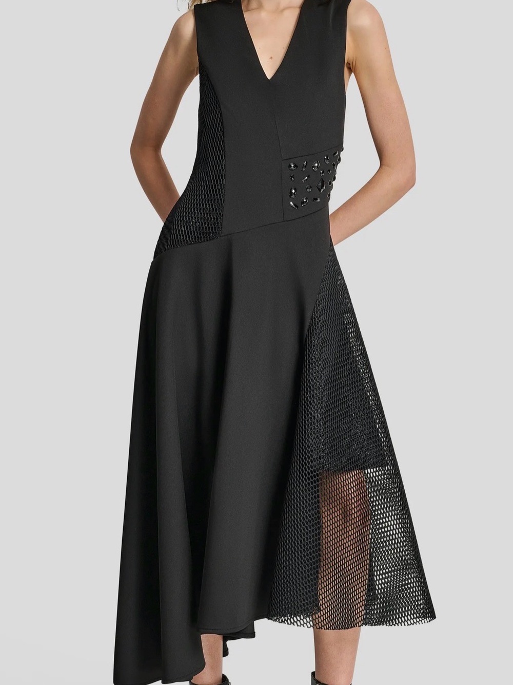 DKNY Black Sculpted Mesh Panel Asymmetrical Midi Dress Edgy Tech Core V-Neck S